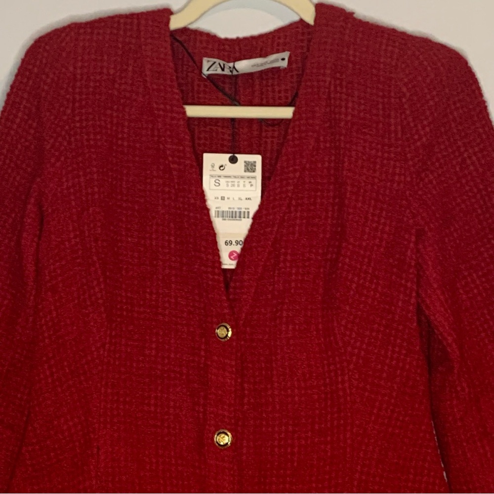 Zara Red Textured Long Sleeve V-neck Vintage Dress - Picture 2 of 15
